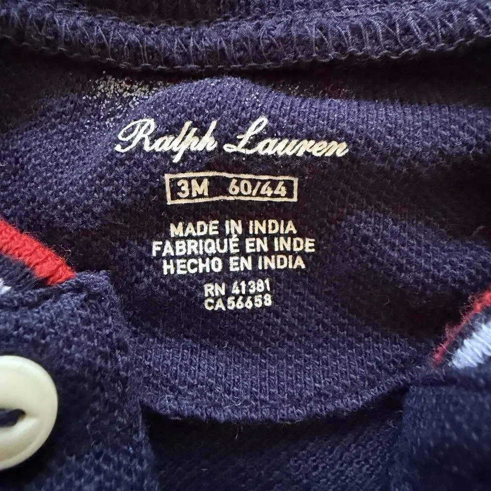Ralph Lauren Baby Boys Polo Bear 67 Baseball Romper 3M Navy White Long Sleeve